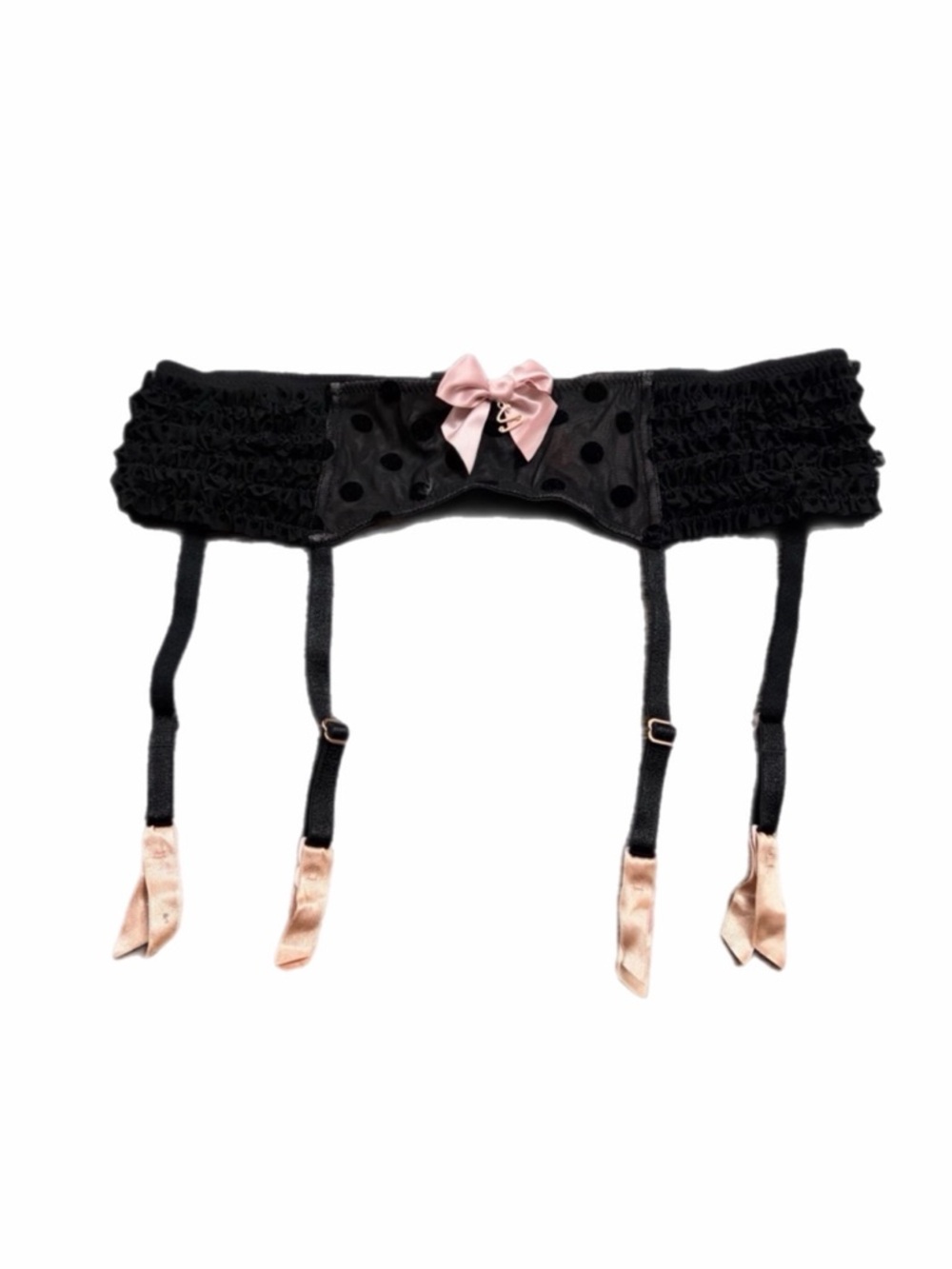 90s/Y2K European Vintage Hunkemöller Dot Lace Ruffle Garter Belt (Black/Pink) L